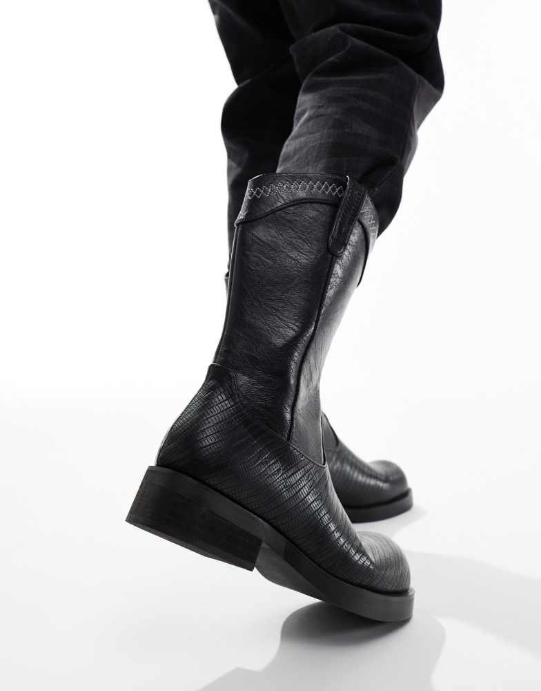 Koi Footwear KOI The Last Courtship ornate stacked western cowboy boots in black lizard
