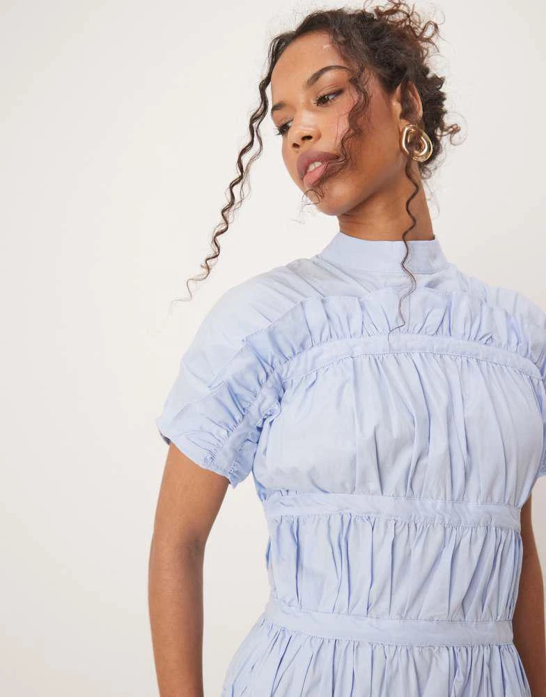 Ghospell Ghospell high neck ruched midi dress in blue 2