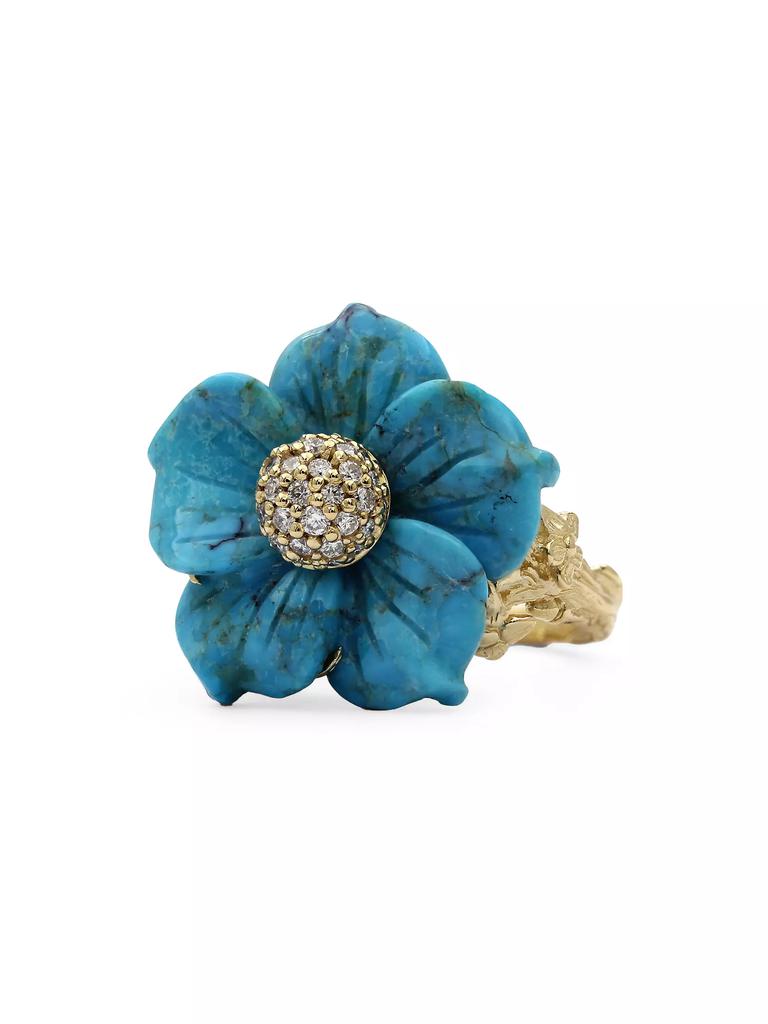 Stephen Dweck Luxury 18K Yellow Gold, Turquoise, & 0.25 TCW Diamond Flower Ring