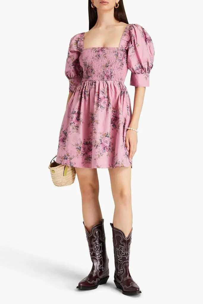 Ganni Shirred floral-print cotton mini dress 2