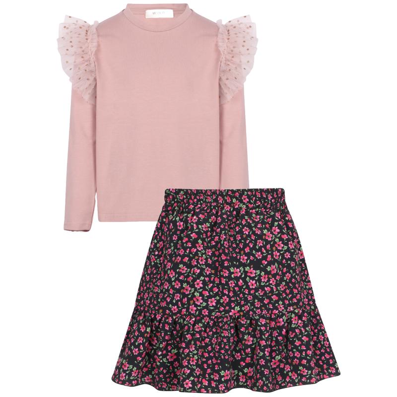 ViCOLO Girl Ruffled tulle detailing long sleeved t shirt and floral print ruffled skirt set in pink and black