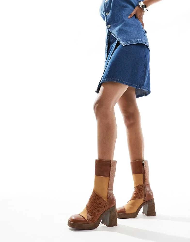 Bershka Bershka patwork heeled boots in brown 2