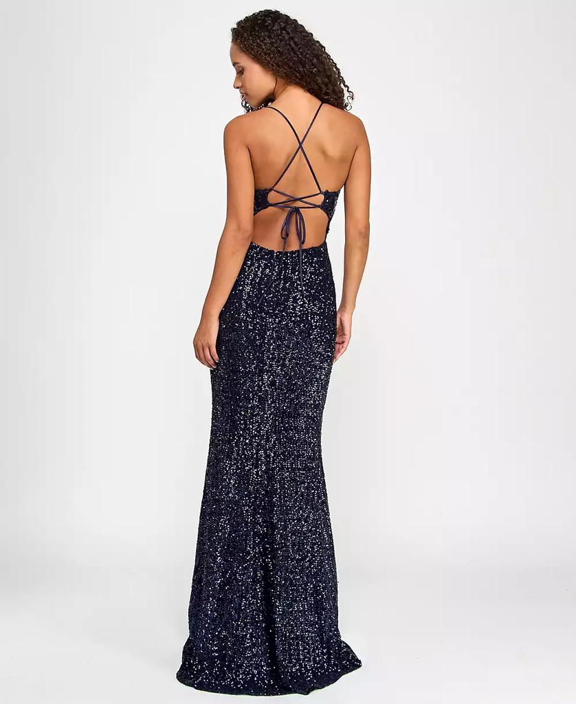 City Studios Juniors' Sequin Side-Slit Lace-Up Gown