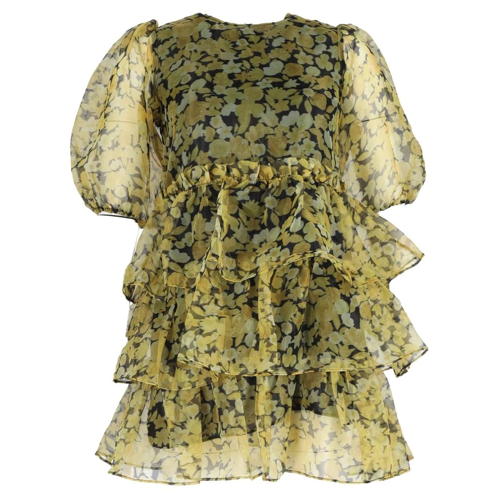 Ganni Ganni Ruffled Tiered Floral-Print Organza Mini Dress In Yellow Polyester 1