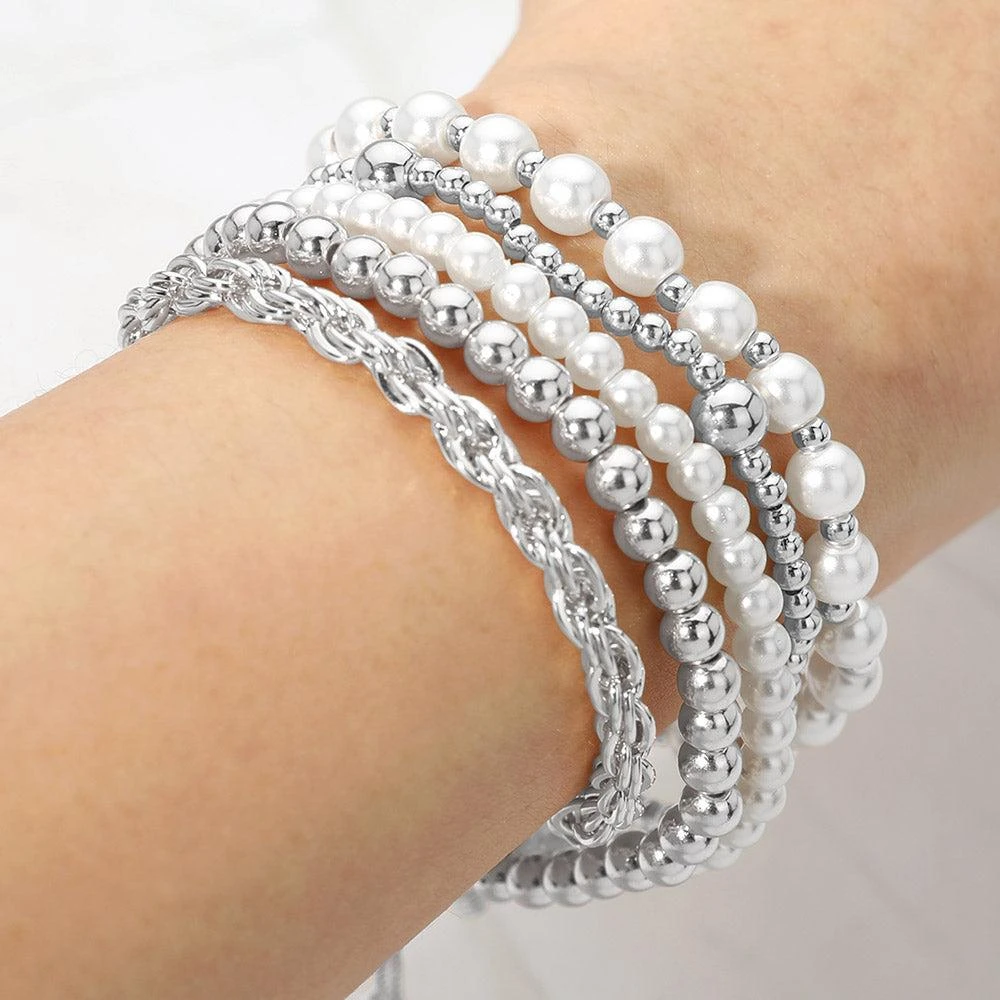 FASHNZFAB 5PCS - Pearl Metal Beaded Twisted Chain Adjustable Stretch Multi Layered Bracelets 3