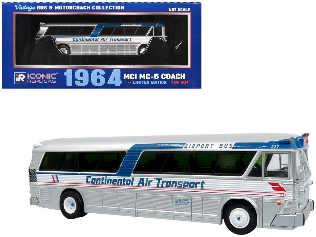 Iconic Replicas 1964 MCI MC-5A Coach Bus Continental Air Transport Silver Blue Stripes 1/87 HO Vintage Bus Motorcoach Limited 504 pcs