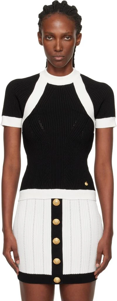 Balmain Black 
White Short-Sleeved Knit Top 1