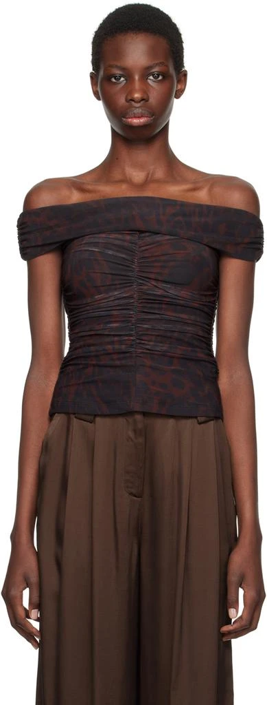 Ganni Brown Off-Shoulder Ruched Tank Top 1