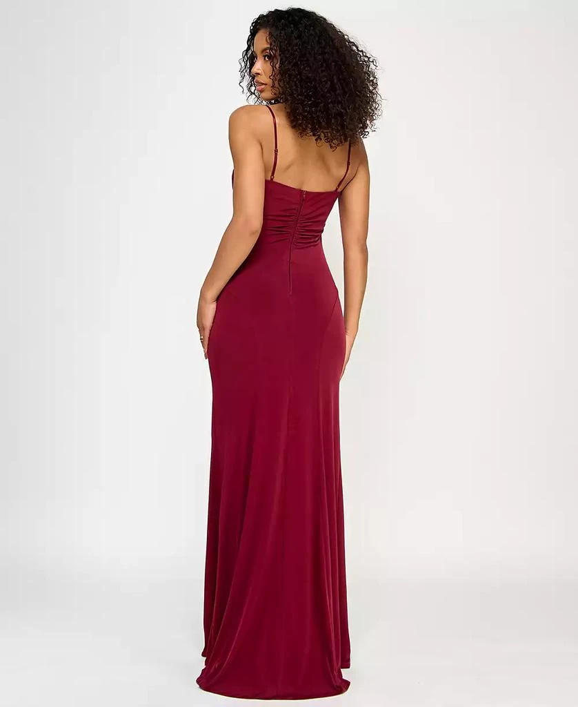 Emerald Sundae Juniors' Cowlneck Ruched Gown - Burgundy - Size L