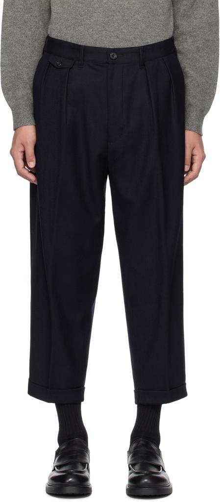 BEAMS PLUS Navy 2 Pleats Flannel Tapered Trousers