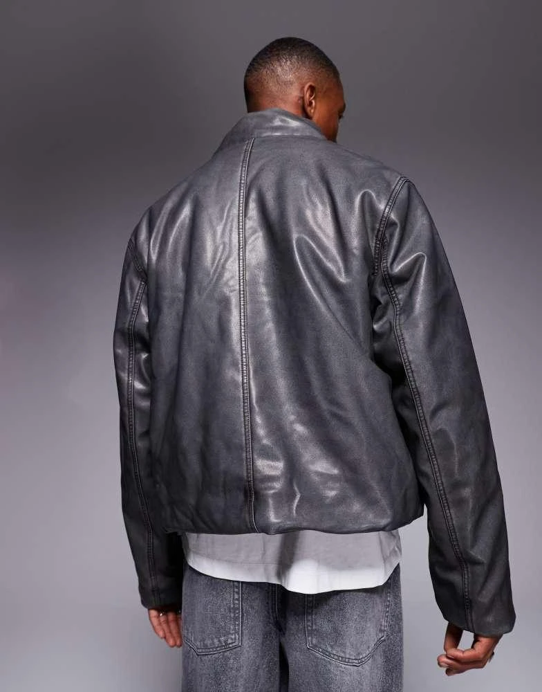 ASOS ASOS DESIGN washed faux leather puffer jacket in black 4