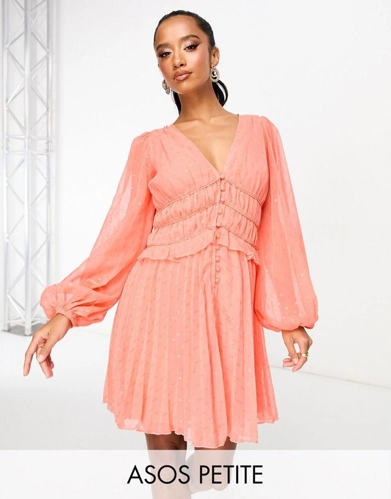 ASOS ASOS DESIGN Petite button through ruched waist pleated mini dress in metallic dobby in coral 1