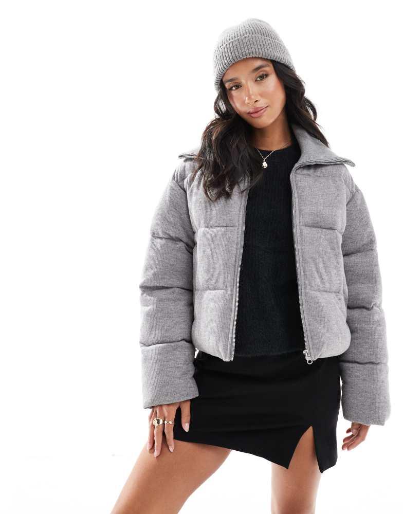 ASOS ASOS DESIGN Petite cord knitted collar puffer jacket in charcoal