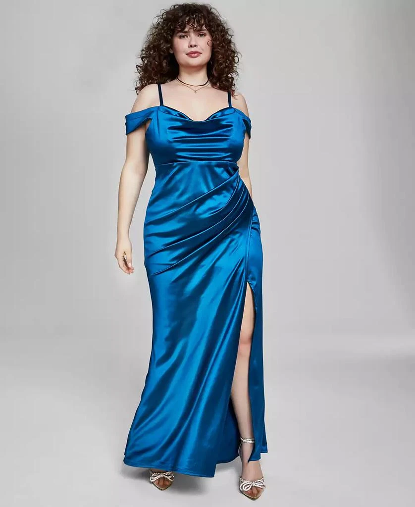 B Darlin Trendy Plus Size Off-The-Shoulder Satin Gown 1