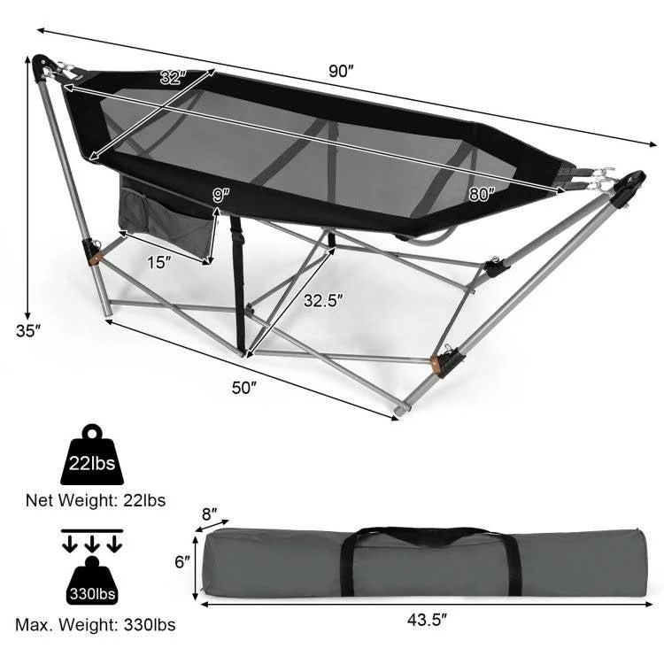 QuikFurn Black Portable Camping Foldable Hammock with Stand and Carry Case 4