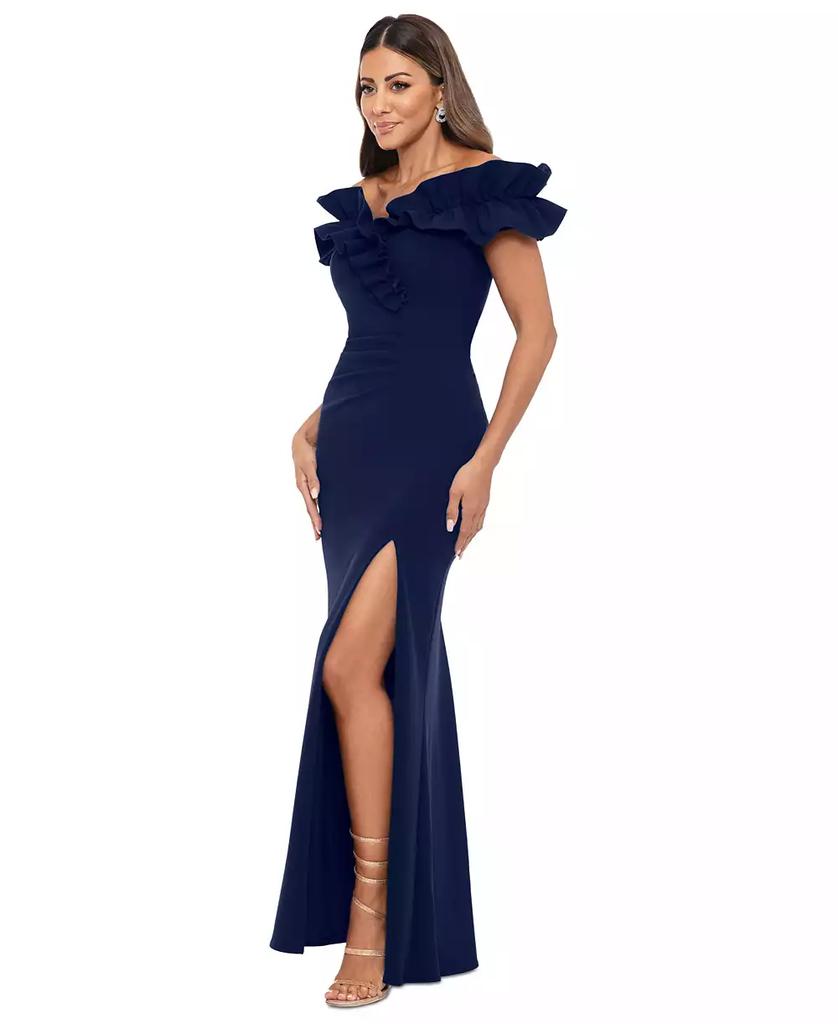 XSCAPE Petite Ruffled Off-The-Shoulder Gown