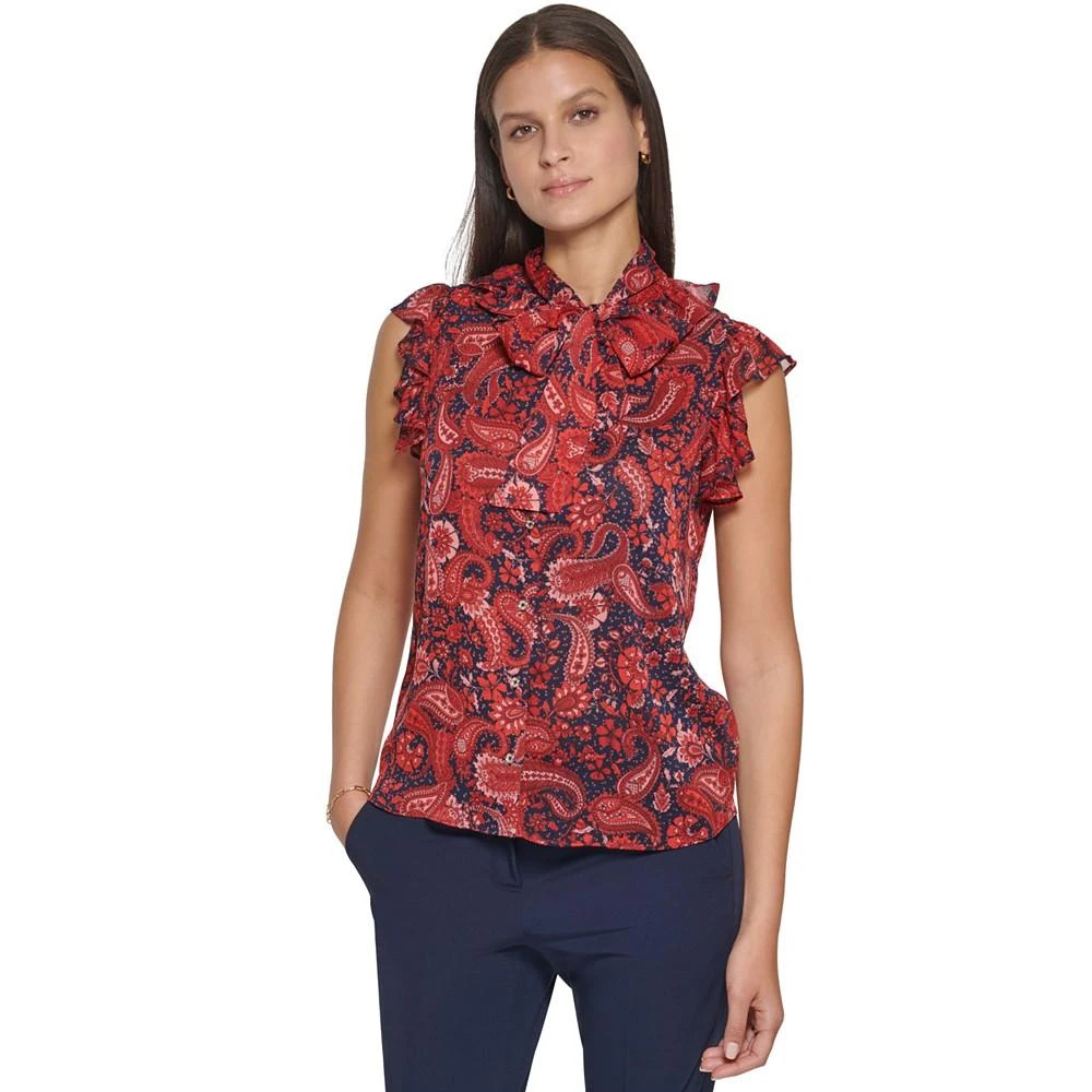 Tommy Hilfiger Women's Paisley-Print Tie-Neck Ruffle Top 1