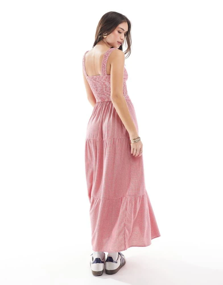 HOLLISTER Hollister embroidered eyelet detail shirred bust maxi dress with thigh split in red gingham 3