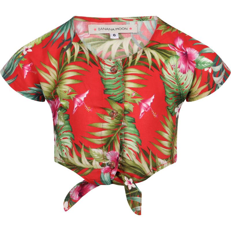BANANA MOON Tropical print front knot cropped shirt in red