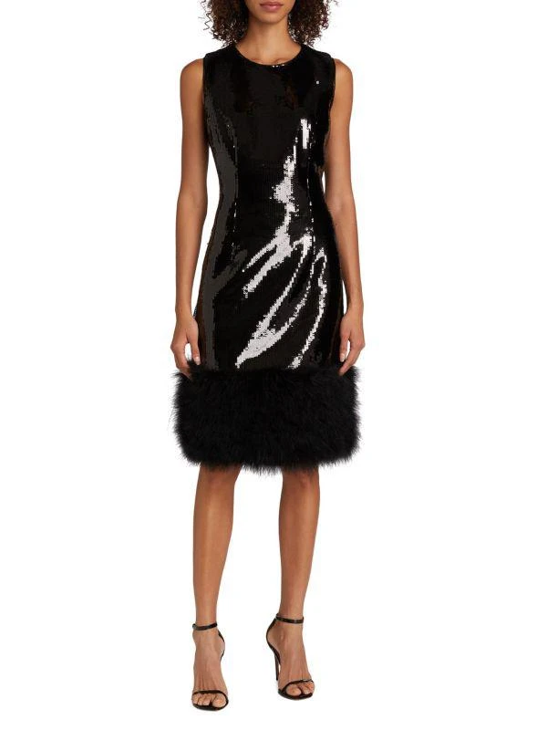 tahari black sequin dress Elie Tahari Black Sequined Mini Dress With Feather Detail Near Bottom Dress Party Fun Formal Cocktail