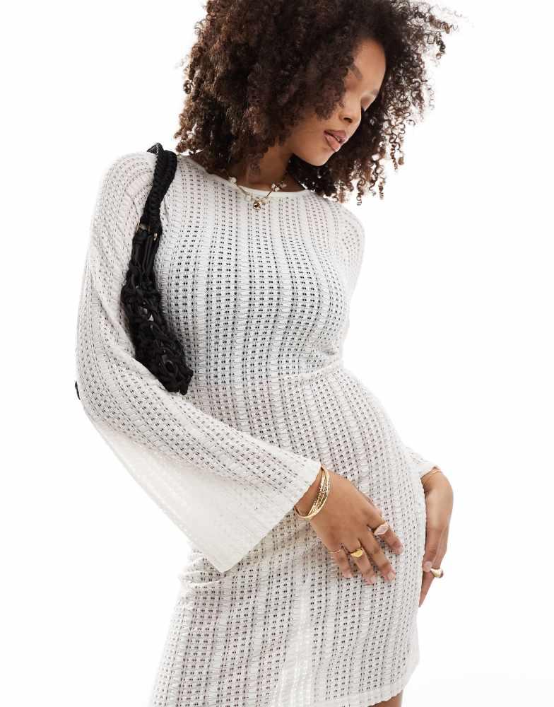 Brave Soul Brave Soul long sleeve mesh knitted dress in off white