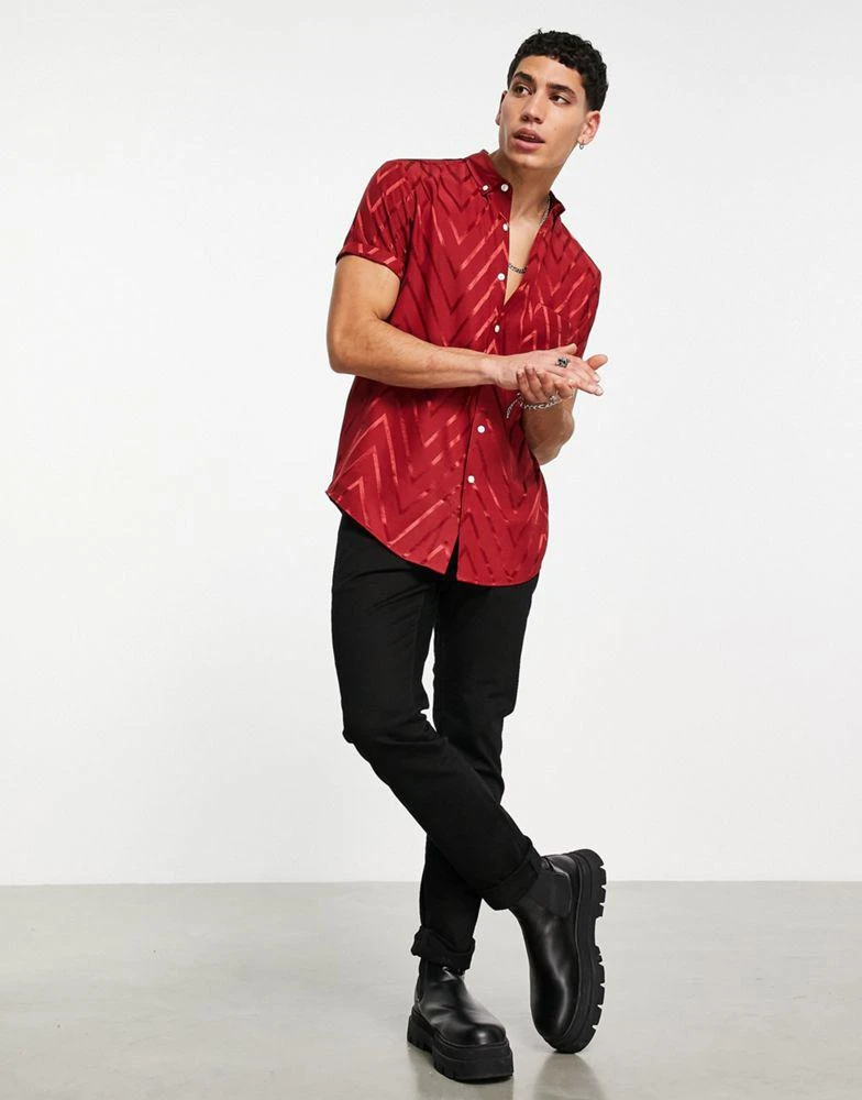 ASOS ASOS DESIGN regular fit shirt in burgundy jacquard print 1