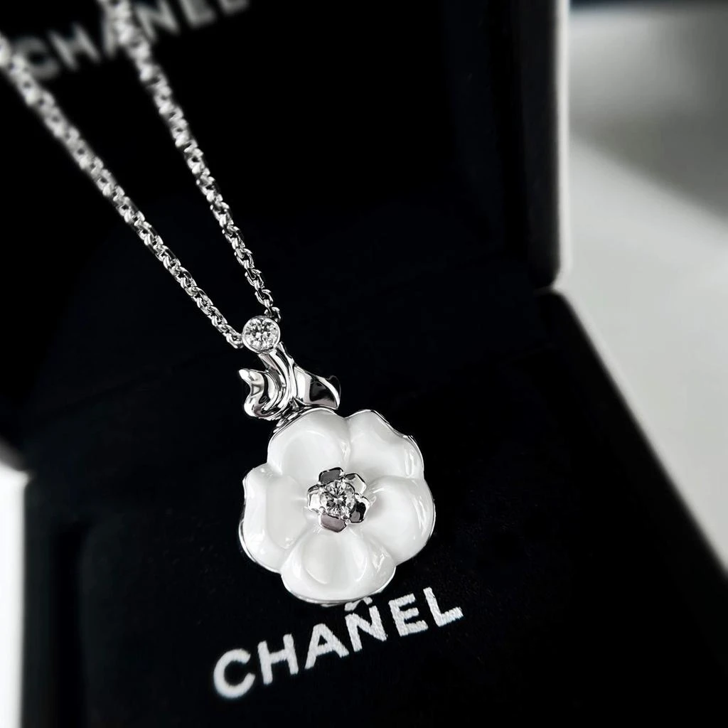 Chanel Chanel 18K White Gold Camelia White Ceramic Diamond Camellia Flower Necklace 1