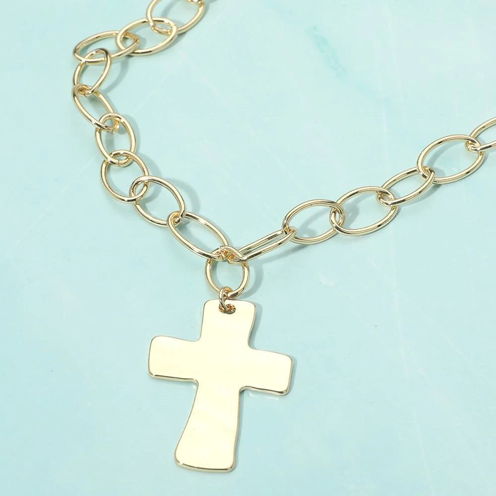 FASHNZFAB 18K Gold Dipped Chunky Cross Pendant Oval Link Chain Statement Necklace