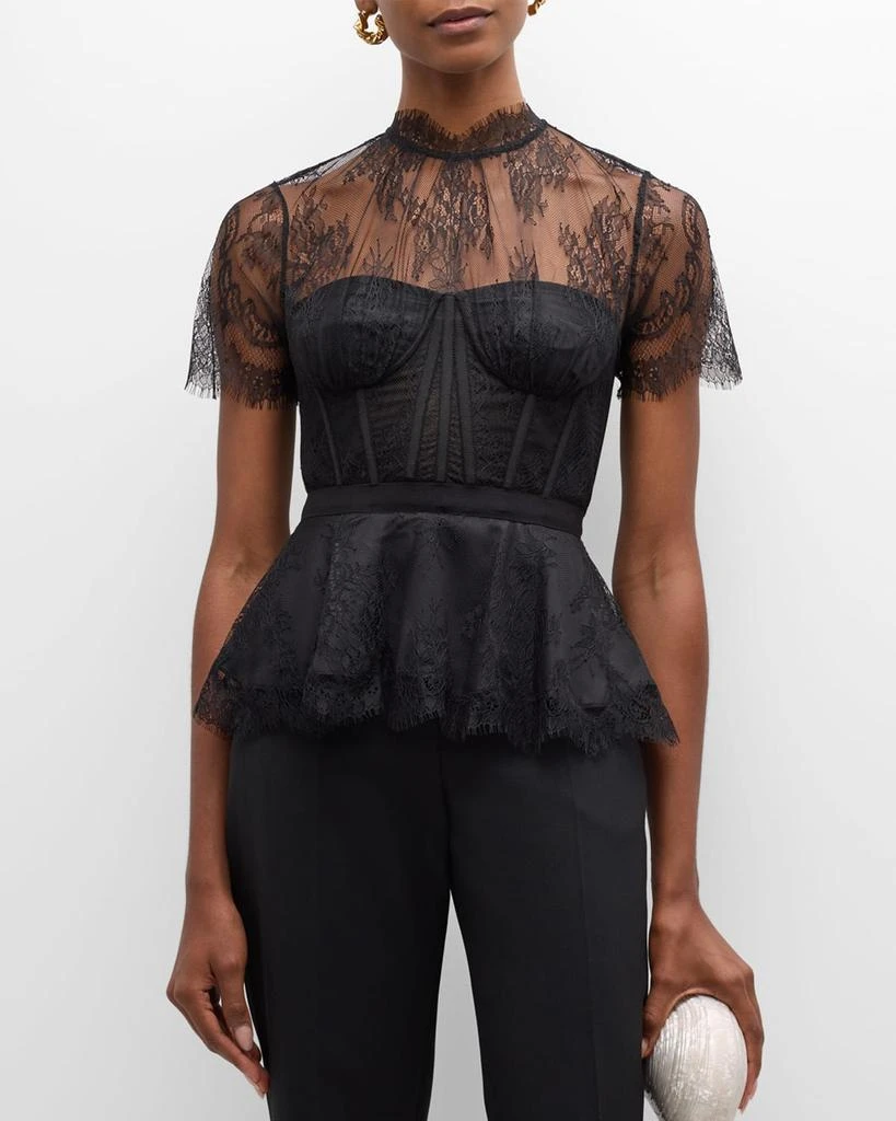 SIMKHAI Kehlani Sheer Lace Short-Sleeve Peplum Bustier Top 2