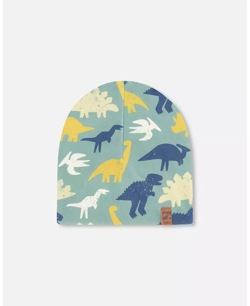 Deux par Deux Boy Stretch Jersey Beanie Green Dinosaur Print - Toddler|Child