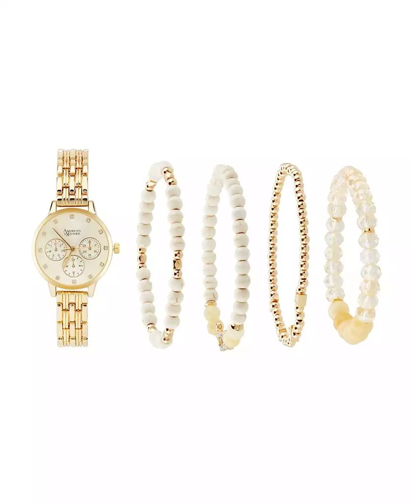 American Exchange Women's Shiny Gold Metal Alloy Band Analog Watch 31mm with Stackable Bracelets Gift Set 1