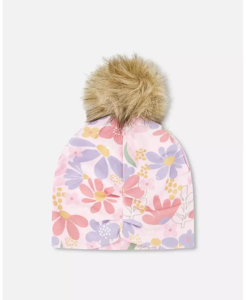 Deux par Deux Girls Stretch Jersey Hat Pink Flower Print with Pompom -Child 3