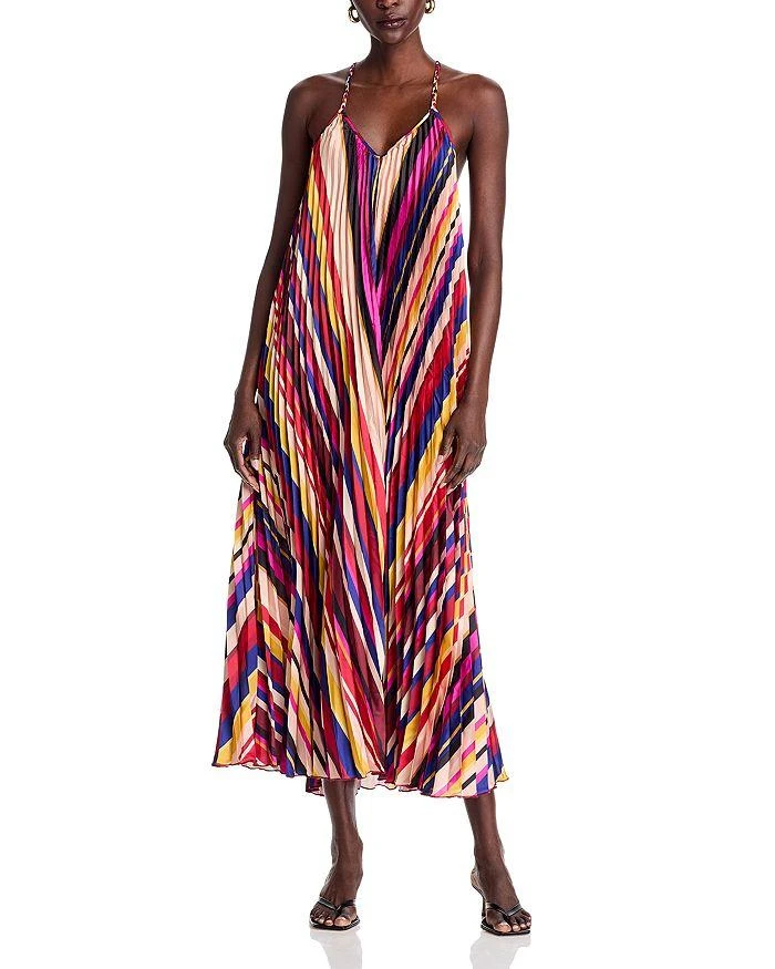 knee length dresses for ladies Multicolor Diagonal Stripes Pleated Stripes Midi Dress – FARM Rio main image 1