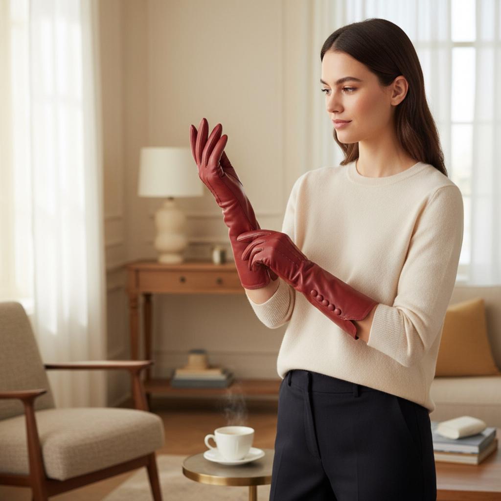 Infinity Leather Womens Long Red Italian Leather Soft Wool Lining Winter Button Design Driving Gloves