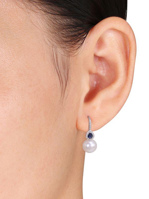 Sonatina 14K White Gold, Sapphire, 9.5-10MM White Cultured Pearl 
Diamond Earrings