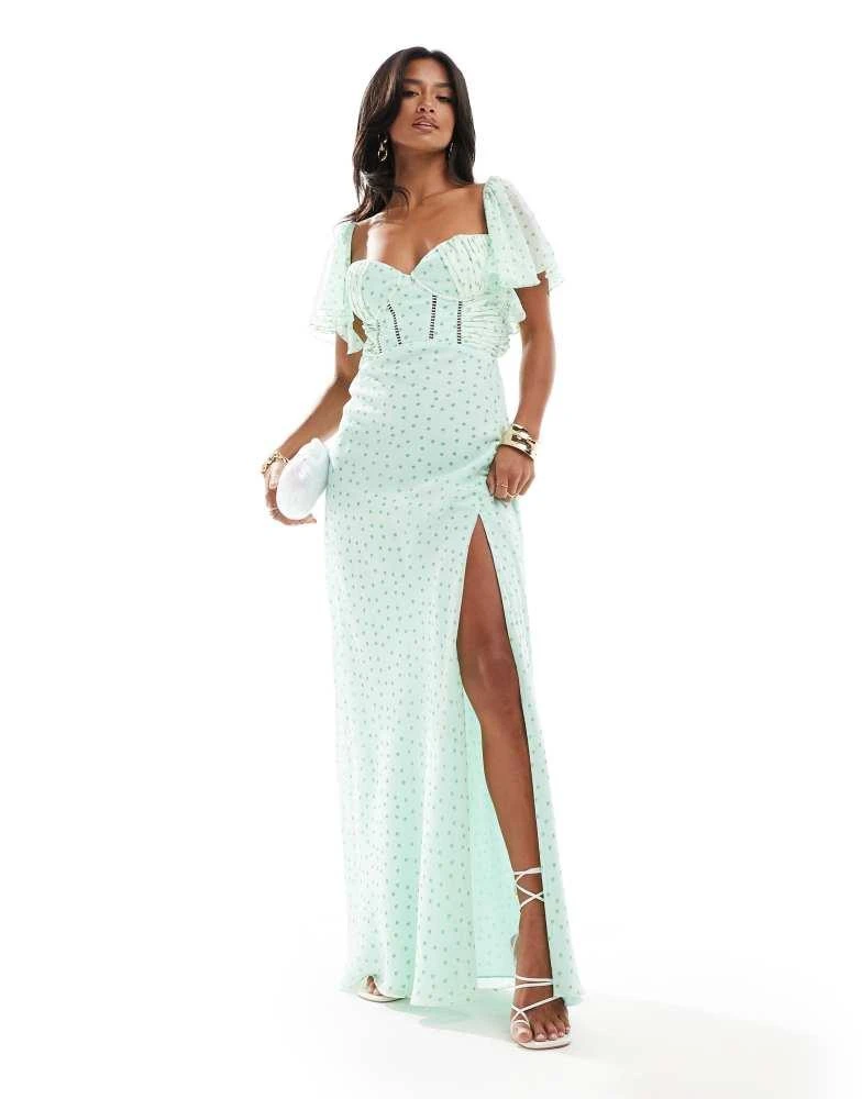 ASOS DESIGN Petite satin corset detail chiffon bias maxi dress with flutter  sleeve in micro spot  On Sale Now with Up to 45% Off | Discover Exclusive  Deals & Savings at