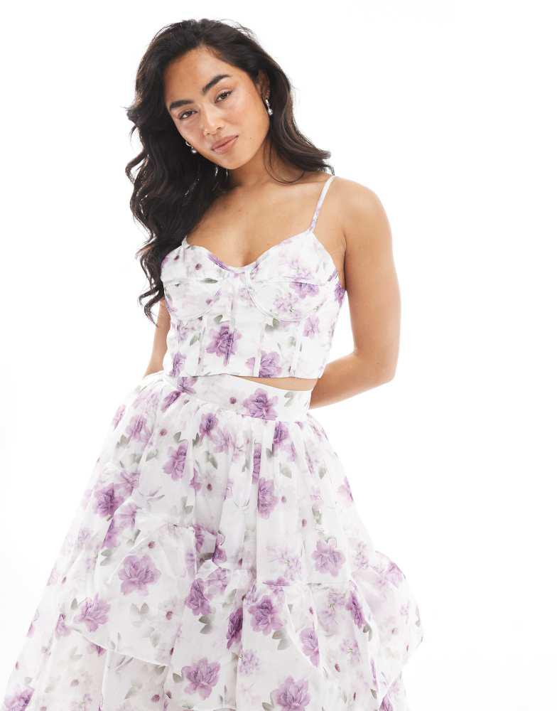 True Decadence True Decadence V-neck crop top in lilac floral organza