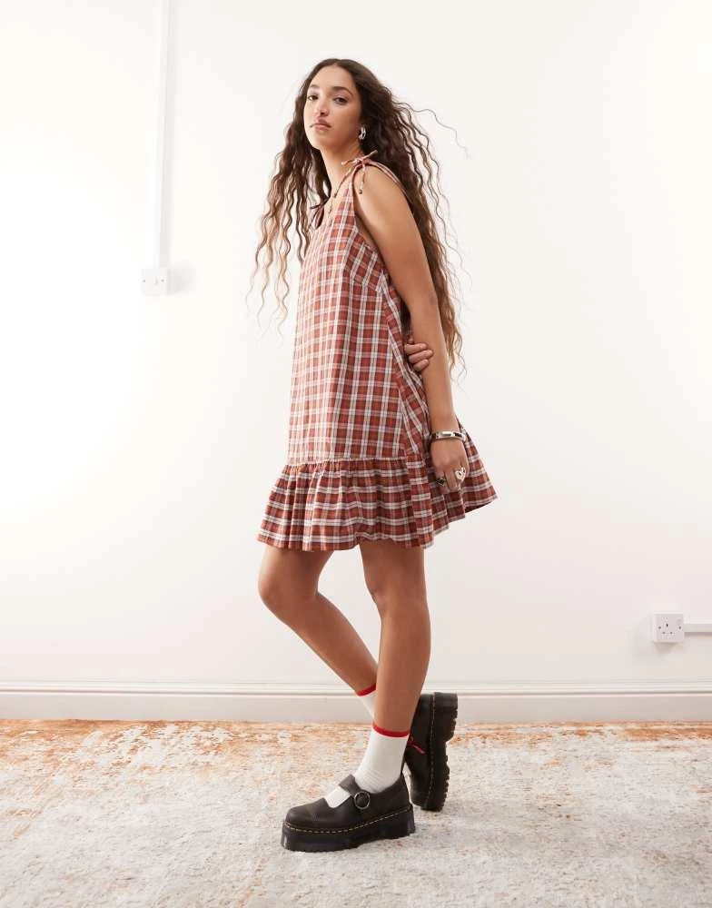 knee length dresses for ladies Laurita Shirred Mini Dress Brown Check