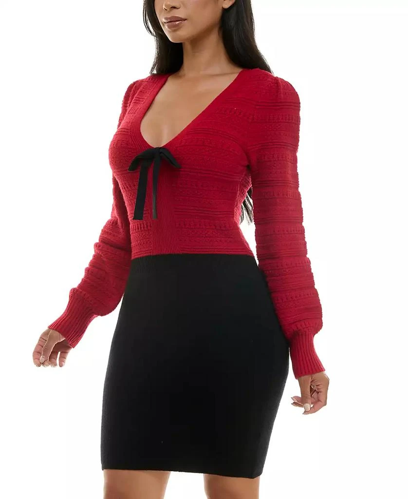 BCX Juniors' V-Neck Long-Sleeve Bow-Trim Sweater Dress 3