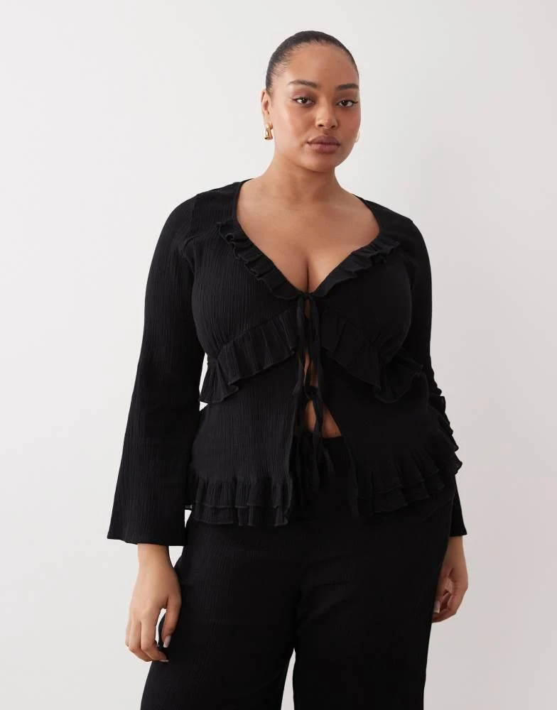 Esmee Curve Esmee Curve tie front ruffle trim beach top in black
