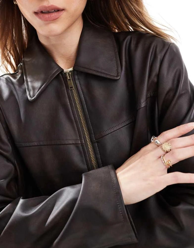 ASOS ASOS DESIGN leather look top collar jacket in washed brown 3