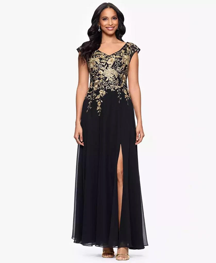 Betsy & Adam Petites Chiffon V-Neck Long A-Line Dress 1