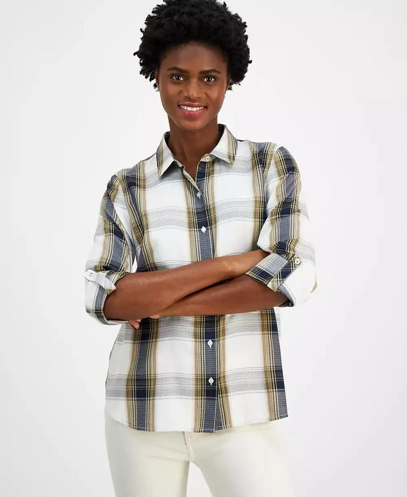 Nautica Jeans Women's Plaid Roll-Tab-Sleeve Button-Front Shirt 1