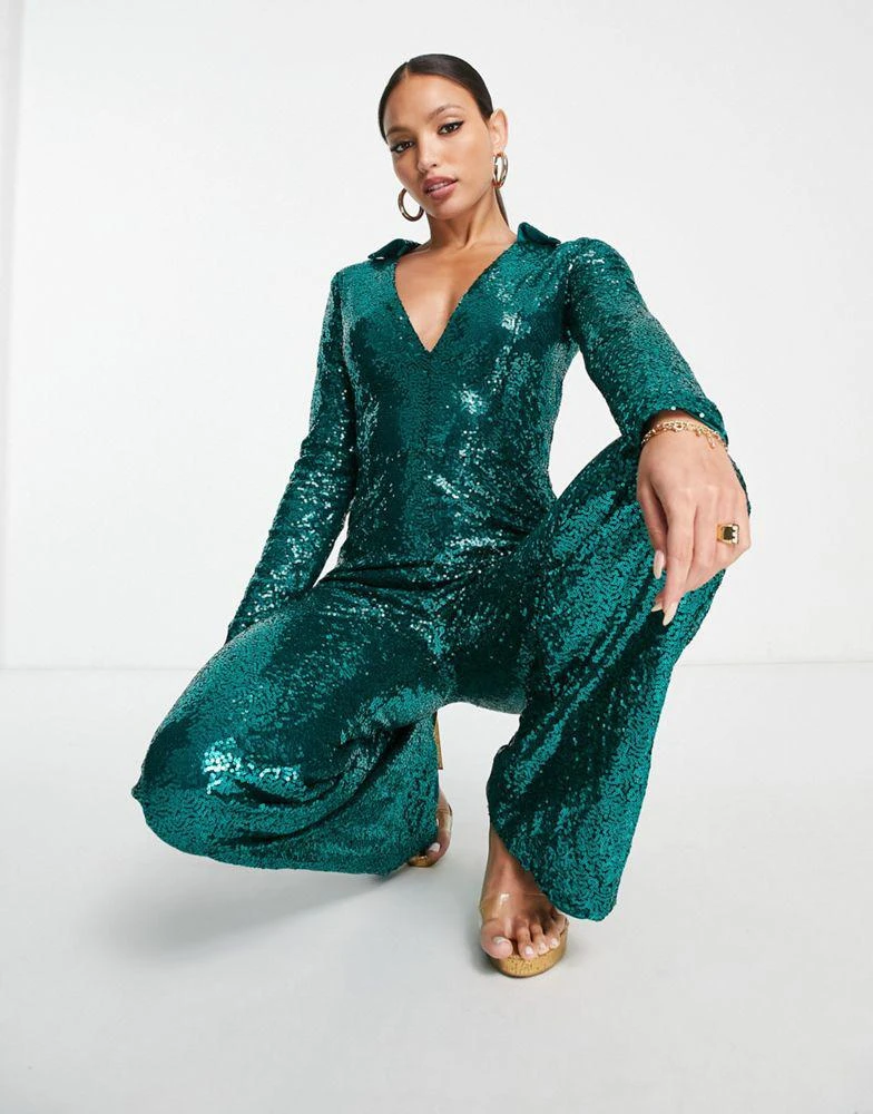 In The Style Tall In The Style Tall exclusive sequin plunge front wide leg jumpsuit in green 4