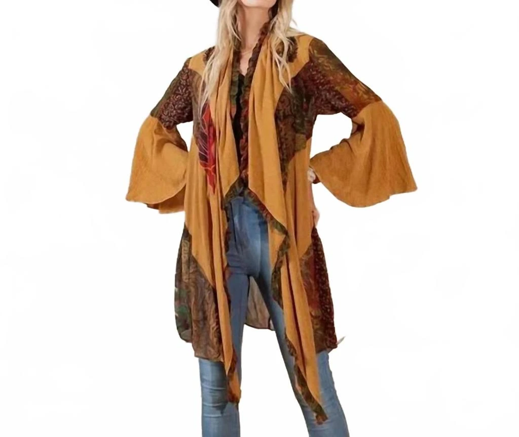 Young Threads Rustic Bohemian Patchwork Kimono In Camel