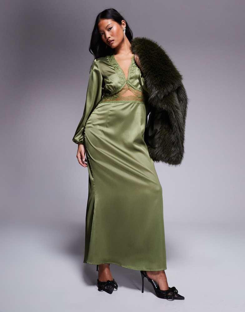 Never Fully Dressed Never Fully Dressed Petite Mimi long sleeve lace cut-out slip maxi dress in olive