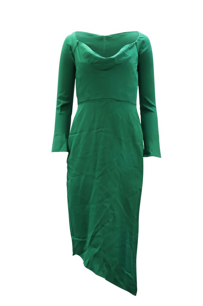 Michelle Mason Cowl Neck Asymmetrical Midi Dress in Green Viscose