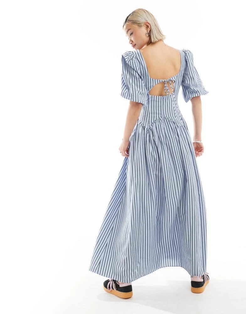 Glamorous Glamorous volume sleeve square neck drop waist maxi dress in blue stripe 4