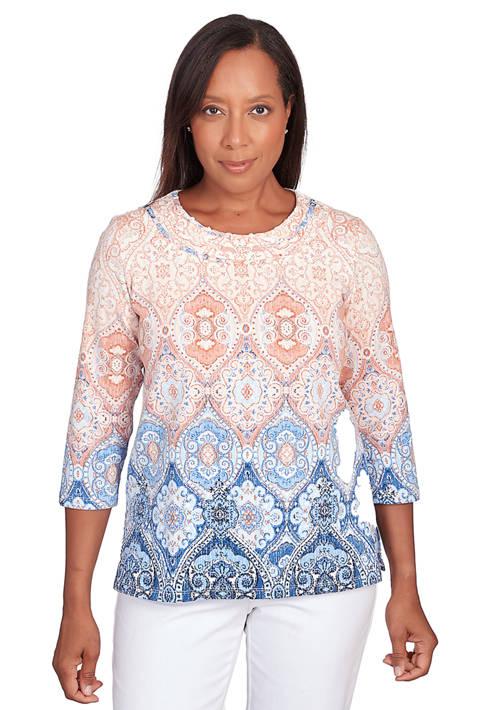 Alfred Dunner Dunner Petite Classic Denim Medallion Printed Ombre Top