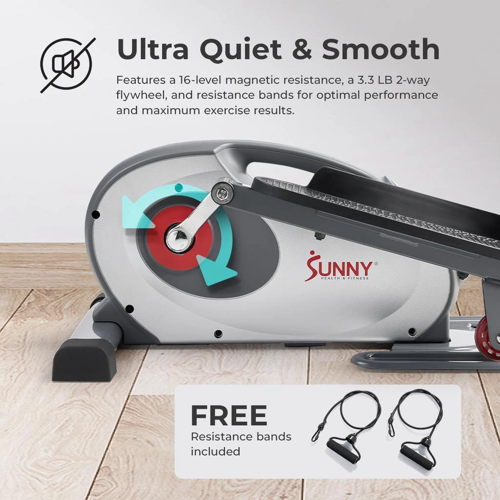 Sunny Health & Fitness Smart Stand/Sit Mini Elliptical Exercise Trainer with Resistance Bands 5